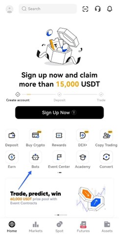 بعد از آنکه وارد اپلیکیشین Toobit شدید وارد قسمت Bots شوید.