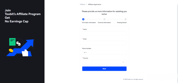 بعد از آنکه وارد صفحه اصلی سایت صرافی  Toobit شدید از بخش More در بالا صفحه، گزینه Affiliate program را انتخاب کنید