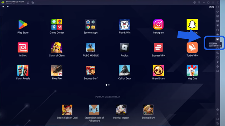 حالا بر روی آیکون install APK که در سمت چپ صفحه نرم افزار قرار دارد کلیک کنید.