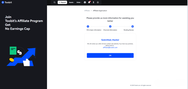 مورد سوم این است که شما از چه طریقی مایل هستید با صرافی  Toobit تماس داشته باشید و آدرس موردنظر را نیز می‌نویسید